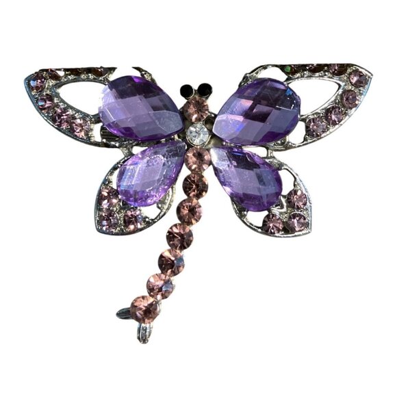 Purple Gemstone Dragonfly Brooch Pin  Silver-Tone Metal Elegant Jewelry Accessor - Picture 4 of 7